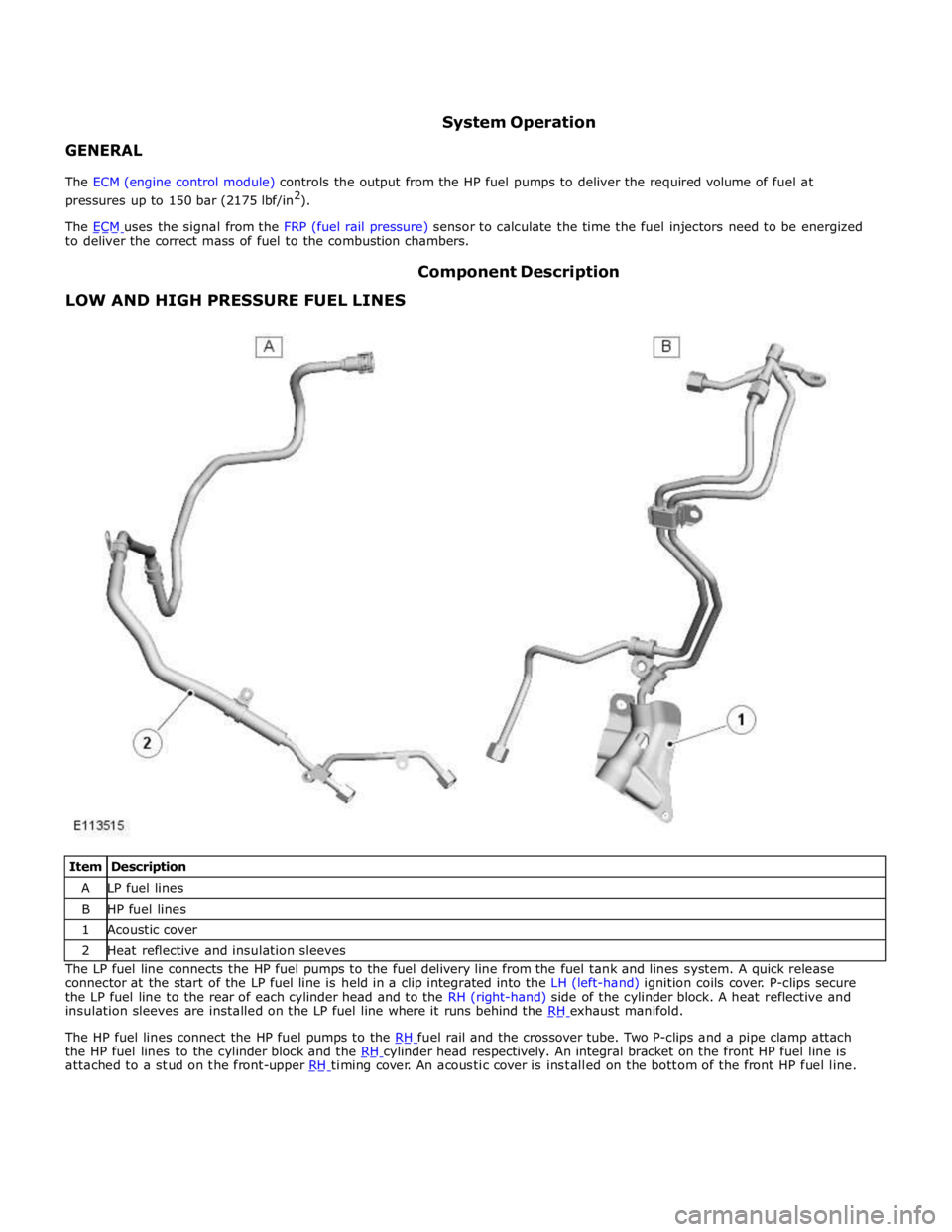 JAGUAR XFR 2010 1.G Workshop Manual to deliver the correct mass of fuel to the combustion chambers.
LOW AND HIGH PRESSURE FUEL LINES Component Description
Item Description A LP fuel lines B HP fuel lines 1 Acoustic cover 2 JAGUAR XFR 2010 1.G Workshop Manual to deliver the correct mass of fuel to the combustion chambers.
LOW AND HIGH PRESSURE FUEL LINES Component Description
Item Description A LP fuel lines B HP fuel lines 1 Acoustic cover 2