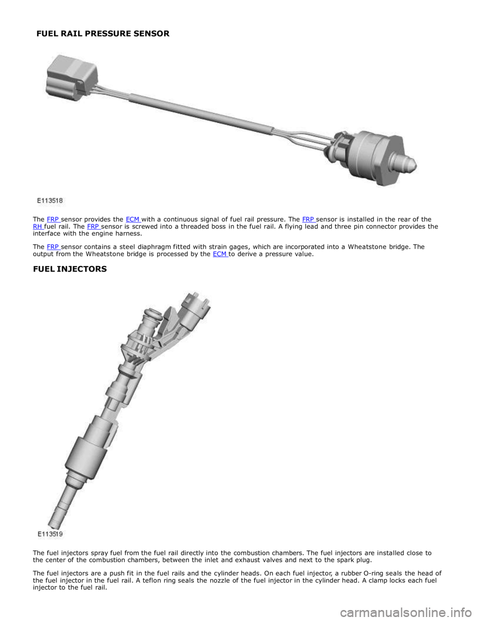 JAGUAR XFR 2010 1.G Workshop Manual RH fuel rail. The FRP sensor is screwed into a threaded boss in the fuel rail. A flying lead and three pin connector provides the interface with the engine harness. 
 
The FRP sensor contains a steel 