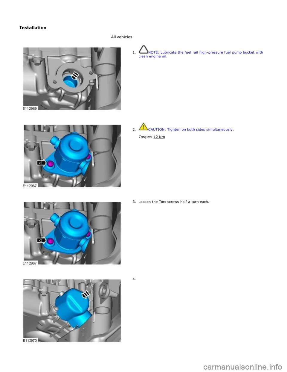 JAGUAR XFR 2010 1.G Workshop Manual Installation 
 All vehicles 
 
 
1.  NOTE: Lubricate the fuel rail high-pressure fuel pump bucket with 
clean engine oil. 
 
 
 
 
 
 
 
 
 
 
 
 
 
 
 
 
2.  CAUTION: Tighten on both sides simultaneo