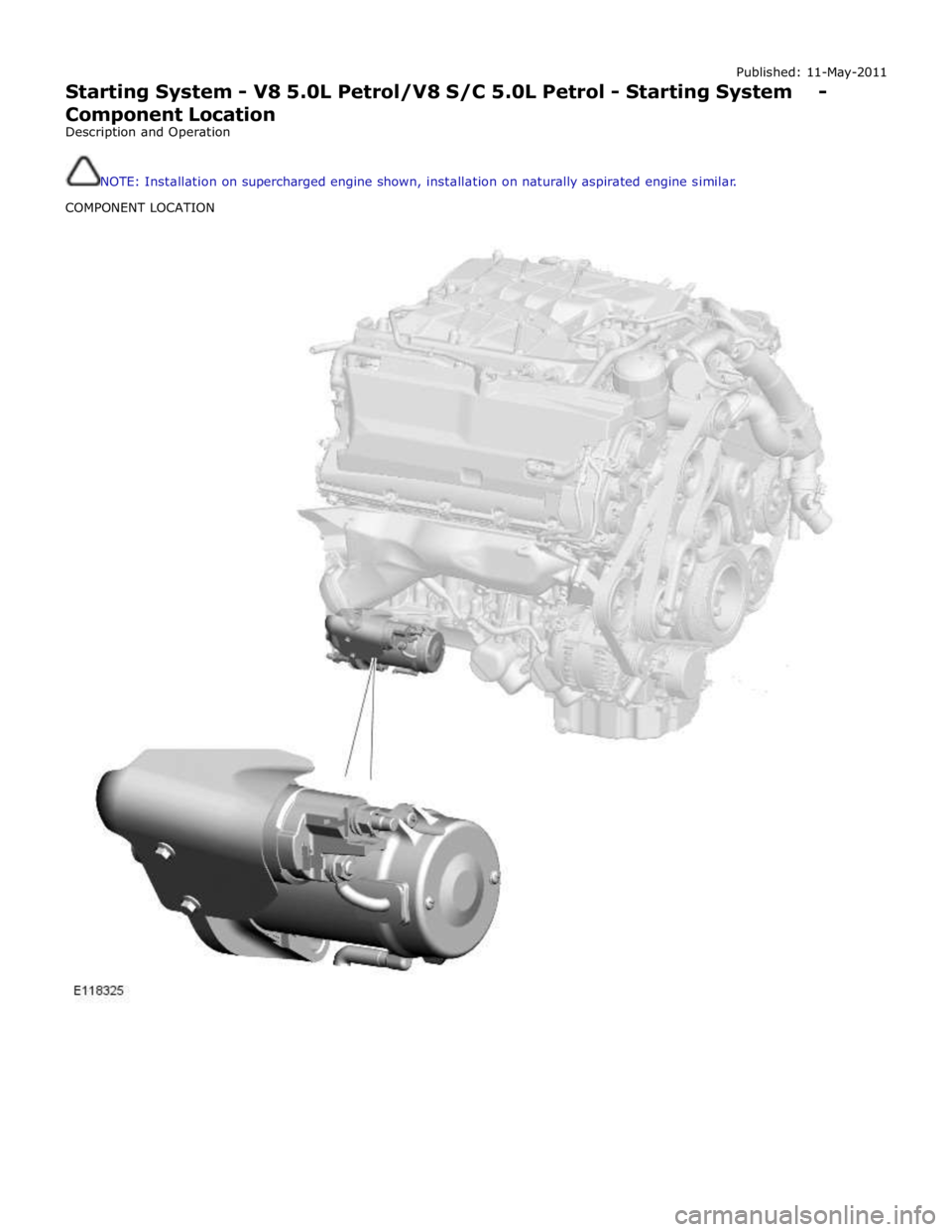 JAGUAR XFR 2010 1.G Workshop Manual Published: 11-May-2011 
Starting System - V8 5.0L Petrol/V8 S/C 5.0L Petrol - Starting System - Component Location 
Description and Operation 
 
 
NOTE: Installation on supercharged engine shown, inst