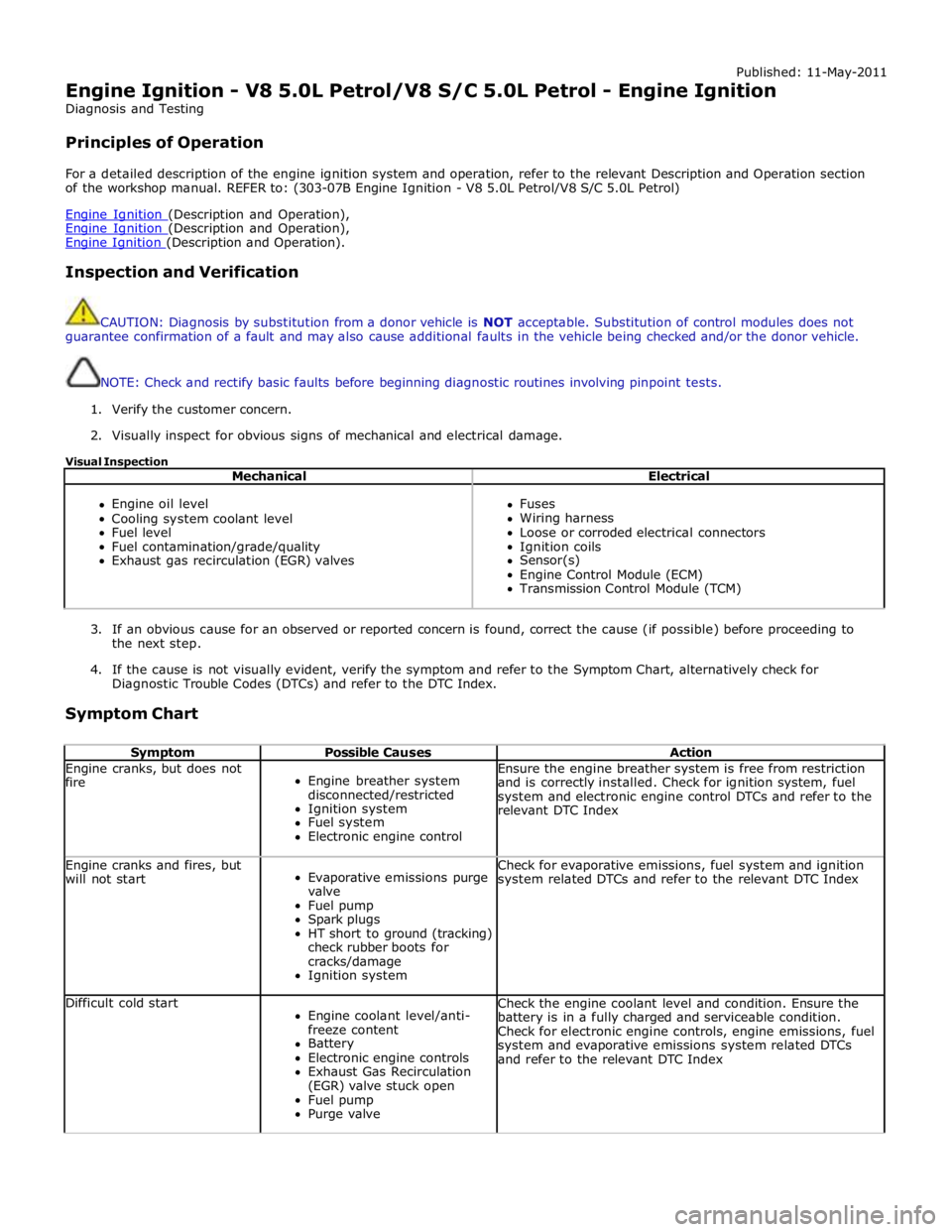 JAGUAR XFR 2010 1.G Workshop Manual Published: 11-May-2011 
Engine Ignition - V8 5.0L Petrol/V8 S/C 5.0L Petrol - Engine Ignition 
Diagnosis and Testing 
 
Principles of Operation 
 
For a detailed description of the engine ignition sys