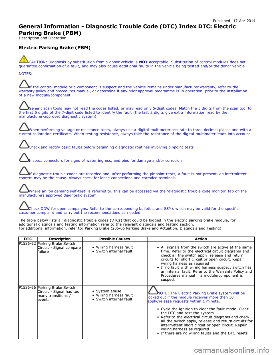 JAGUAR XFR 2010 1.G Workshop Manual Published: 17-Apr-2014 
General Information - Diagnostic Trouble Code (DTC) Index DTC: Electric 
Parking Brake (PBM) 
Description and Operation 
 
Electric Parking Brake (PBM) 
 
 
CAUTION: Diagnosis 