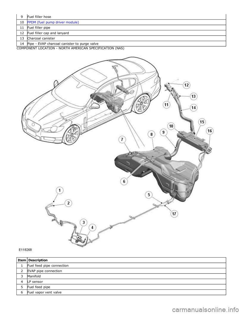 JAGUAR XFR 2010 1.G Workshop Manual 10 FPDM (fuel pump driver module) 11 Fuel filler pipe 12 Fuel filler cap and lanyard 13 Charcoal canister 14 Pipe - EVAP charcoal canister to purge valve COMPONENT LOCATION - NORTH AMERICAN SPECIFICAT