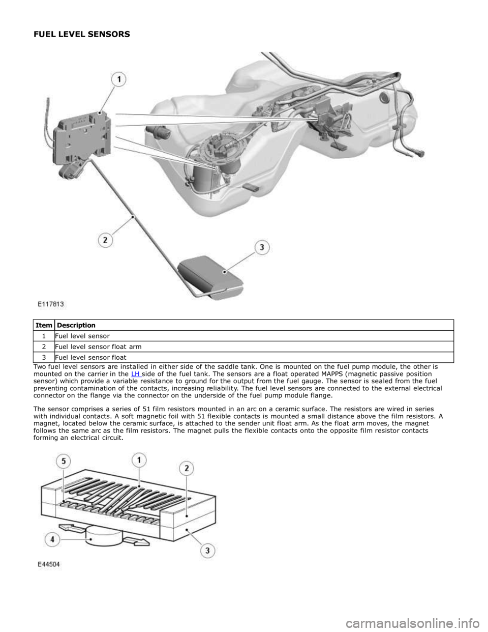JAGUAR XFR 2010 1.G Workshop Manual 1 Fuel level sensor 2 Fuel level sensor float arm 3 Fuel level sensor float Two fuel level sensors are installed in either side of the saddle tank. One is mounted on the fuel pump module, the other is