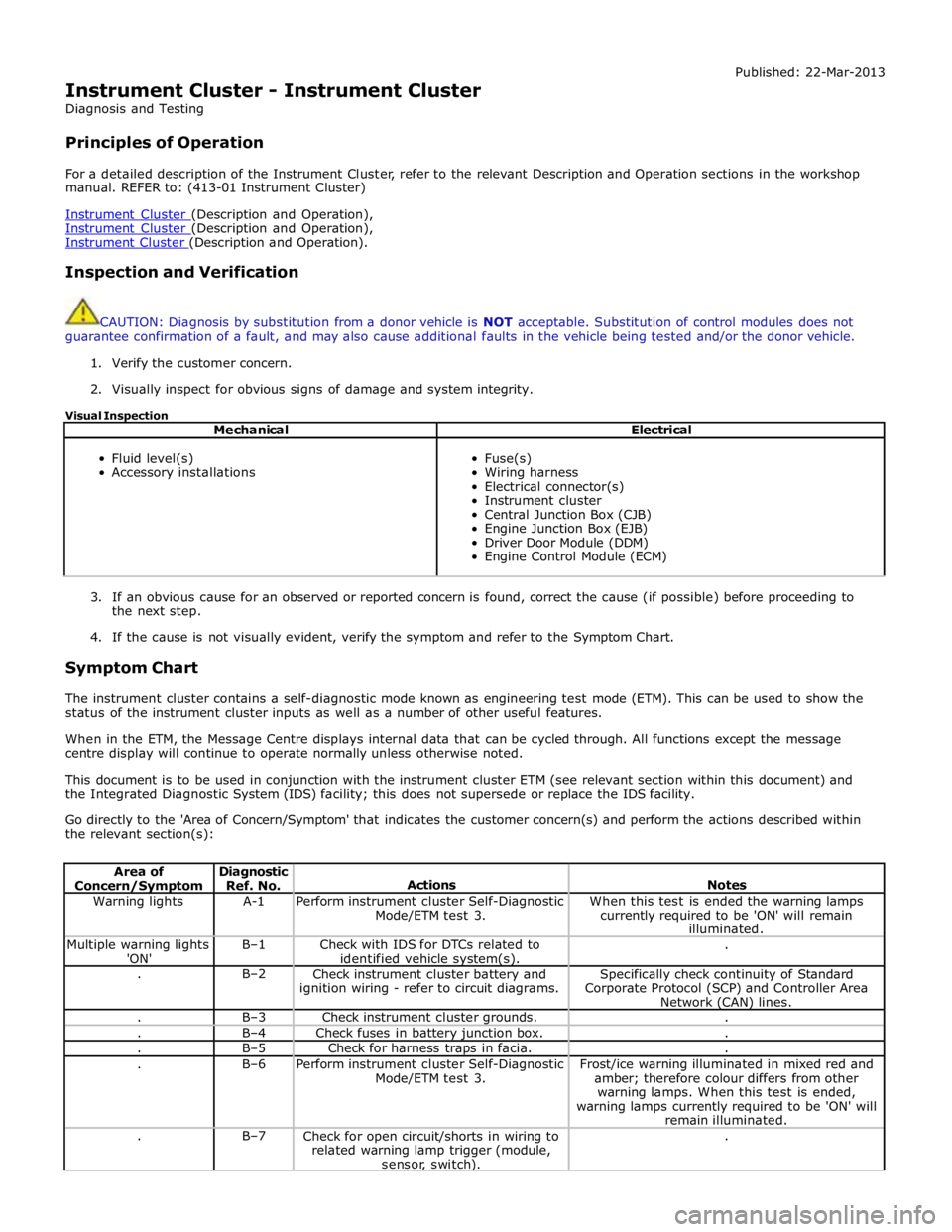 JAGUAR XFR 2010 1.G Workshop Manual  
Instrument Cluster - Instrument Cluster 
Diagnosis and Testing 
 
Principles of Operation Published: 22-Mar-2013 
 
For a detailed description of the Instrument Cluster, refer to the relevant Descri
