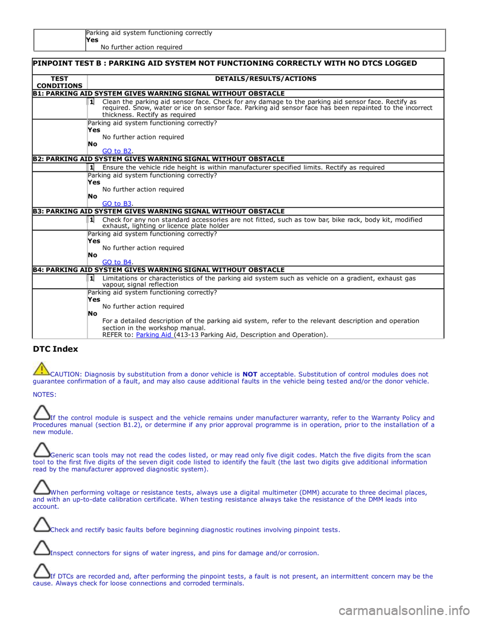 JAGUAR XFR 2010 1.G Workshop Manual  
 
 
PINPOINT TEST B : PARKING AID SYSTEM NOT FUNCTIONING CORRECTLY WITH NO DTCS LOGGED TEST 
CONDITIONS DETAILS/RESULTS/ACTIONS B1: PARKING AID SYSTEM GIVES WARNING SIGNAL WITHOUT OBSTACLE  1 Clean 