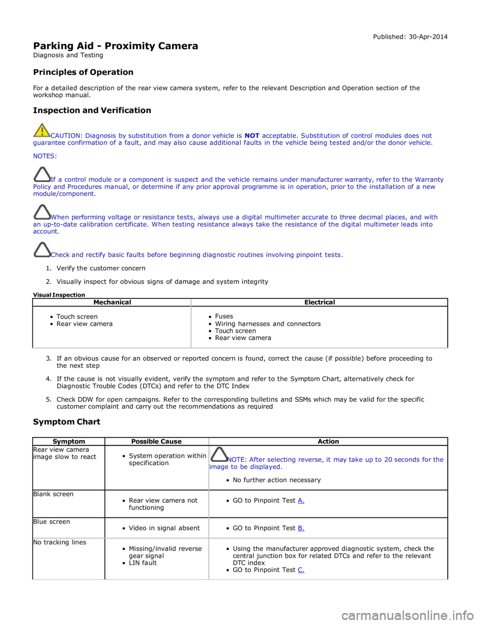 JAGUAR XFR 2010 1.G Workshop Manual  
Parking Aid - Proximity Camera 
Diagnosis and Testing 
 
Principles of Operation Published: 30-Apr-2014 
 
For a detailed description of the rear view camera system, refer to the relevant Descriptio