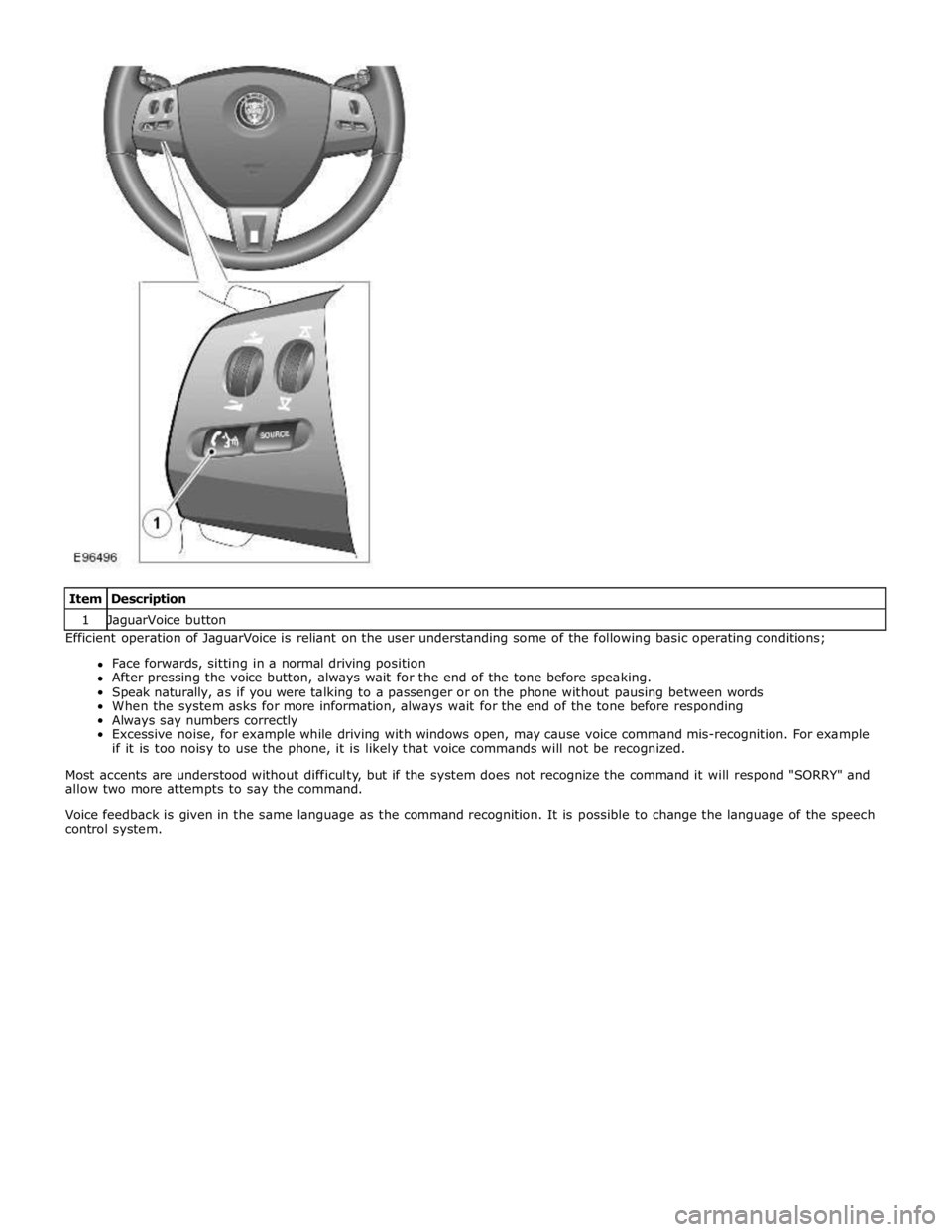 JAGUAR XFR 2010 1.G Workshop Manual 1 JaguarVoice button Efficient operation of JaguarVoice is reliant on the user understanding some of the following basic operating conditions; 
Face forwards, sitting in a normal driving position 
Aft