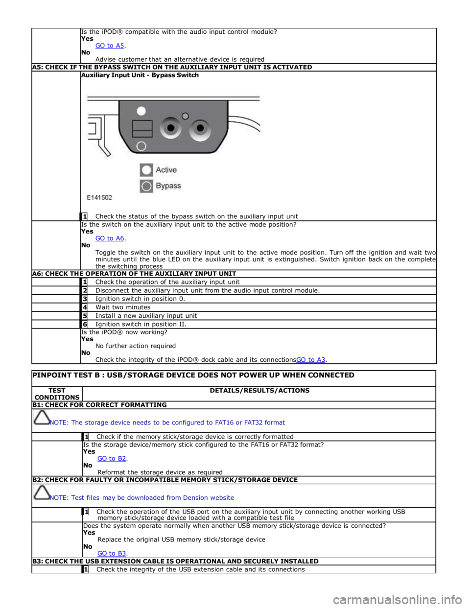 JAGUAR XFR 2010 1.G Workshop Manual  
 Is the iPOD® compatible with the audio input control module? 
Yes 
GO to A5. No 
Advise customer that an alternative device is required A5: CHECK IF THE BYPASS SWITCH ON THE AUXILIARY INPUT UNIT I