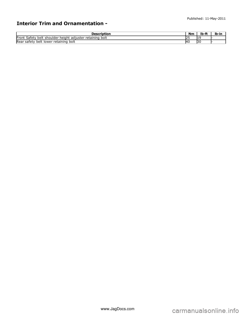 JAGUAR XFR 2010 1.G Workshop Manual Front Safety belt shoulder height adjuster retaining bolt 25 19 - Rear safety belt lower retaining bolt 40 30 - www.JagDocs.com 