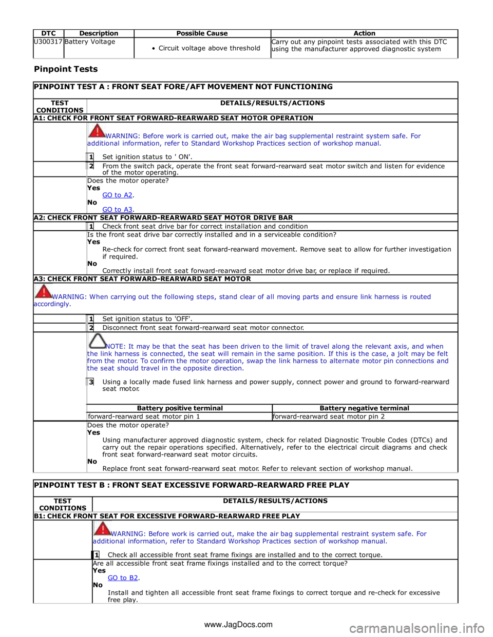 JAGUAR XFR 2010 1.G Workshop Manual  
DTC Description Possible Cause Action U300317 Battery Voltage  
Circuit voltage above threshold Carry out any pinpoint tests associated with this DTC 
using the manufacturer approved diagnostic syst