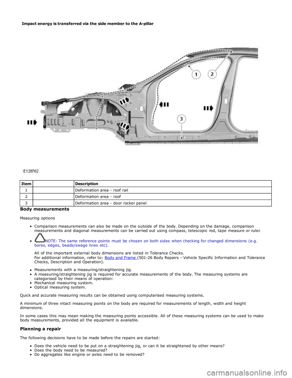JAGUAR XFR 2010 1.G Workshop Manual  
 
 
Item 
 Description 1 
 Deformation area - roof rail 2 
 Deformation area - roof 3 
 Deformation area - door rocker panel Body measurements 
 
Measuring options 
 
Comparison measurements can als