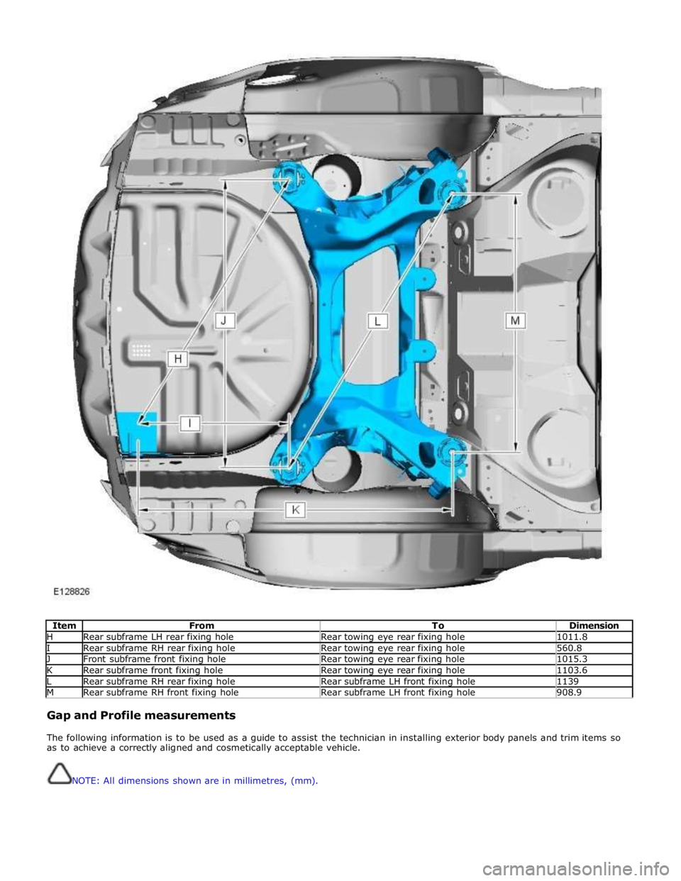 JAGUAR XFR 2010 1.G Workshop Manual  
 
 
Item From To Dimension H Rear subframe LH rear fixing hole Rear towing eye rear fixing hole 1011.8 I Rear subframe RH rear fixing hole Rear towing eye rear fixing hole 560.8 J Front subframe fro