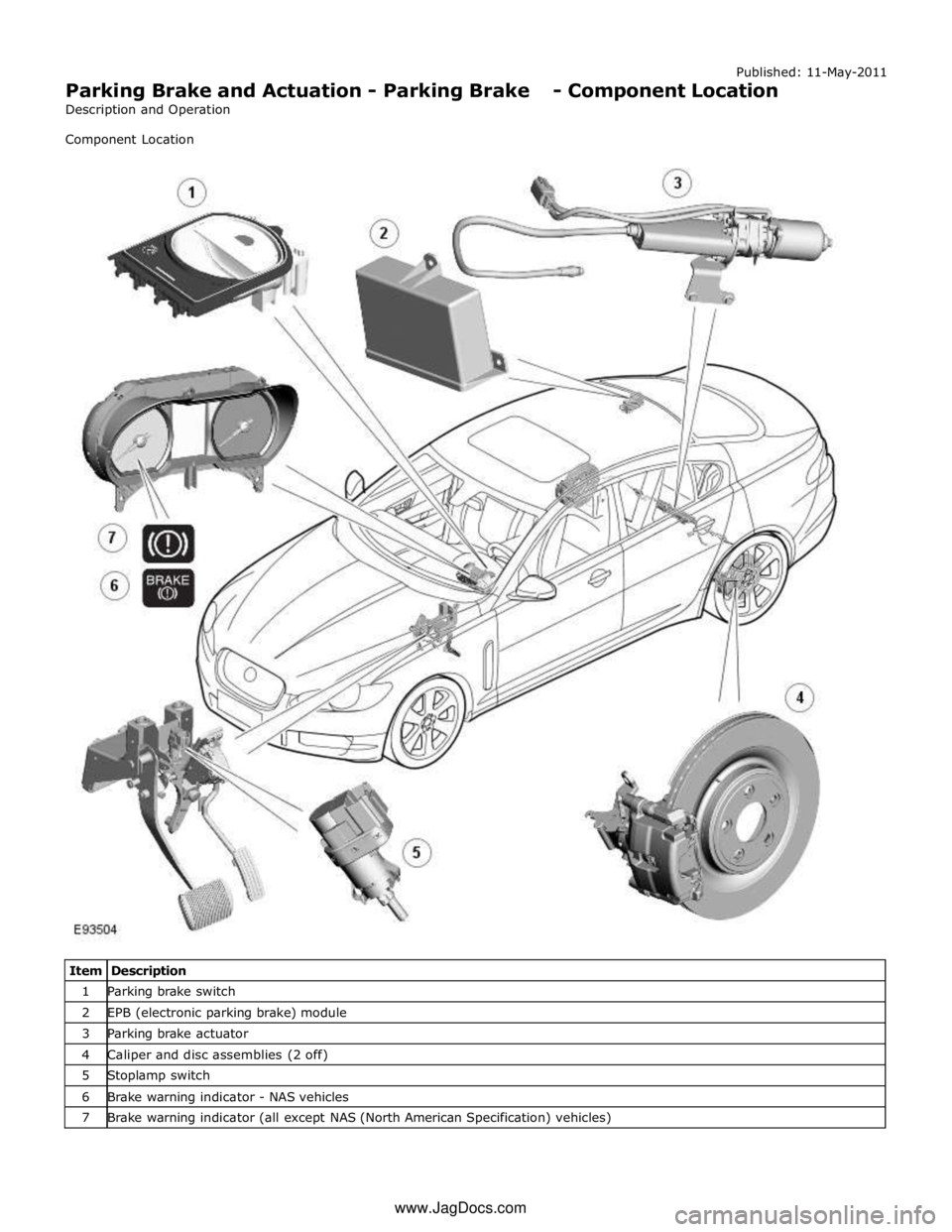 JAGUAR XFR 2010 1.G Workshop Manual Published: 11-May-2011 
Parking Brake and Actuation - Parking Brake - Component Location 
Description and Operation 
Component Location 
 
 
 
 
 
 
 
 
 
 
 
 
 
 
 
 
 
 
 
 
 
 
 
 
 
 
 
 
 
 
 
 