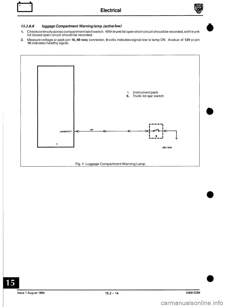 JAGUAR XJ6 1994 2.G Electrical Diagnostic Manual IT Electrical 
15.2.8.8 
1. 
2. 
luggage Compartment  Warning lamp (active low) 
Checkcontinuity  across compartment latch switch. With trunklid open short circuit should  be recorded,  with trunk 
li