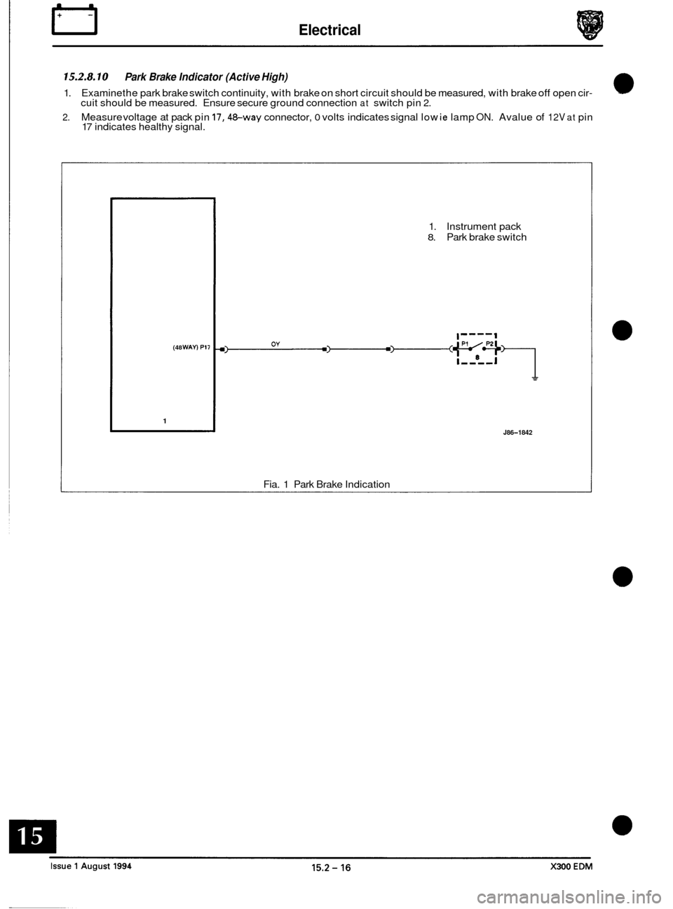 JAGUAR XJ6 1994 2.G Electrical Diagnostic Manual IT Electrical 
15.2.8.10 
1. 
2. 
Park Brake Indicator (Active High) 
Examine the park brake  switch continuity,  with brake  on short  circuit should  be measured,  with brake off open cir- cuit shou