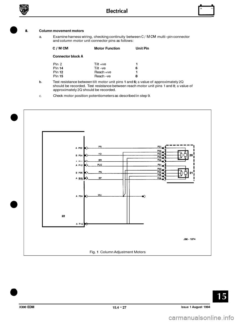 JAGUAR XJ6 1994 2.G Electrical Diagnostic Manual E I ect r ical rl 
Column movement  motors 0 8. 
a. Examine  harness wiring, checking  continuity  between C / M CM multi-pin connector 
and  column  motor unit connector  pins as follows: 
CIMCM Moto