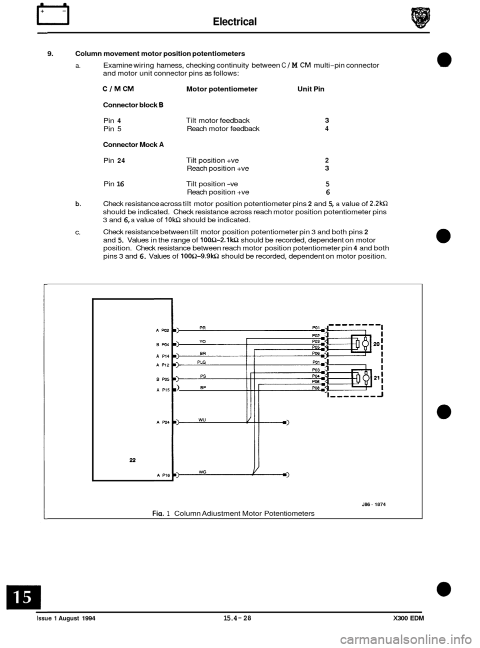 JAGUAR XJ6 1994 2.G Electrical Diagnostic Manual IT Electrical 
9. Column movement motor position  potentiometers 
a. Examine wiring harness,  checking  continuity  between C 1 M CM multi-pin connector 
and motor  unit connector  pins as follows: 
C
