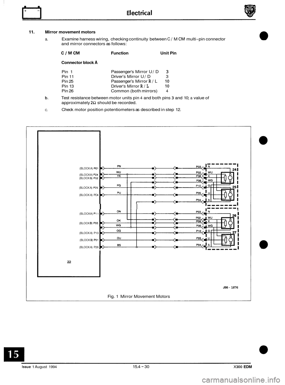JAGUAR XJ6 1994 2.G Electrical Diagnostic Manual rl E I ect r ica I 
11. Mirror movement motors 
a. Examine harness  wiring, checking  continuity  between C / M CM multi-pin connector 
and  mirror  connectors  as follows: 
C/MCM Function  Unit Pin 
