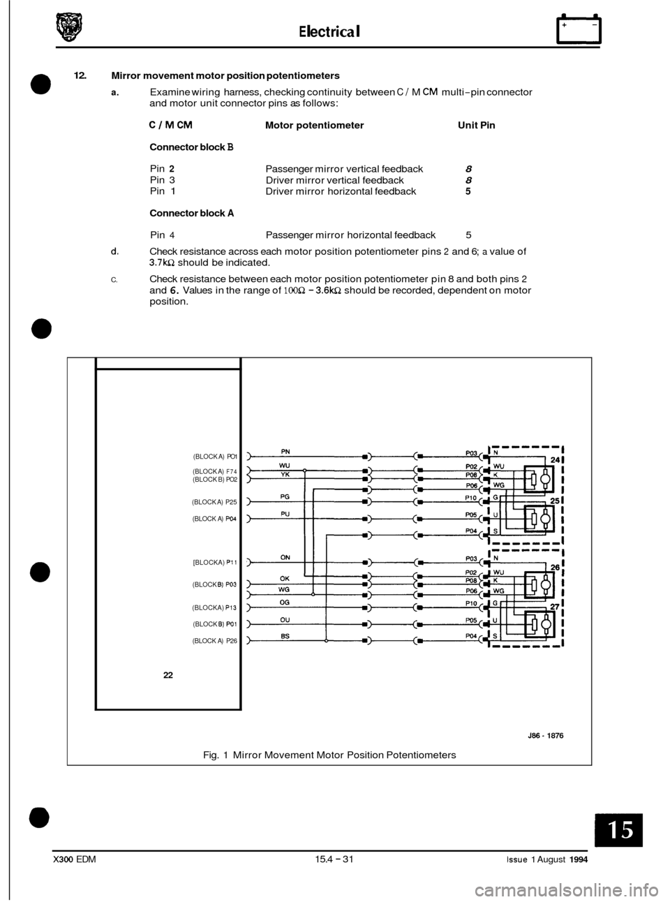 JAGUAR XJ6 1994 2.G Electrical Diagnostic Manual E I ect r ica I m 
12. Mirror movement motor position potentiometers 
a. Examine  wiring harness,  checking  continuity  between C / M CM multi-pin connector 
and  motor  unit connector pins  as follo