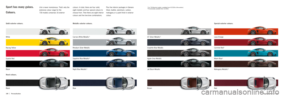 PORSCHE 718 2016 1.G Information Manual |   101
100   |
Personalisation
Personalisation
White
Ra c i n g  Ye l l o w Rhodium Silver Metallic Graphite Blue MetallicLava Orange
Guards Red Sapphire Blue Metallic
2)Agate Grey MetallicCarmine Re