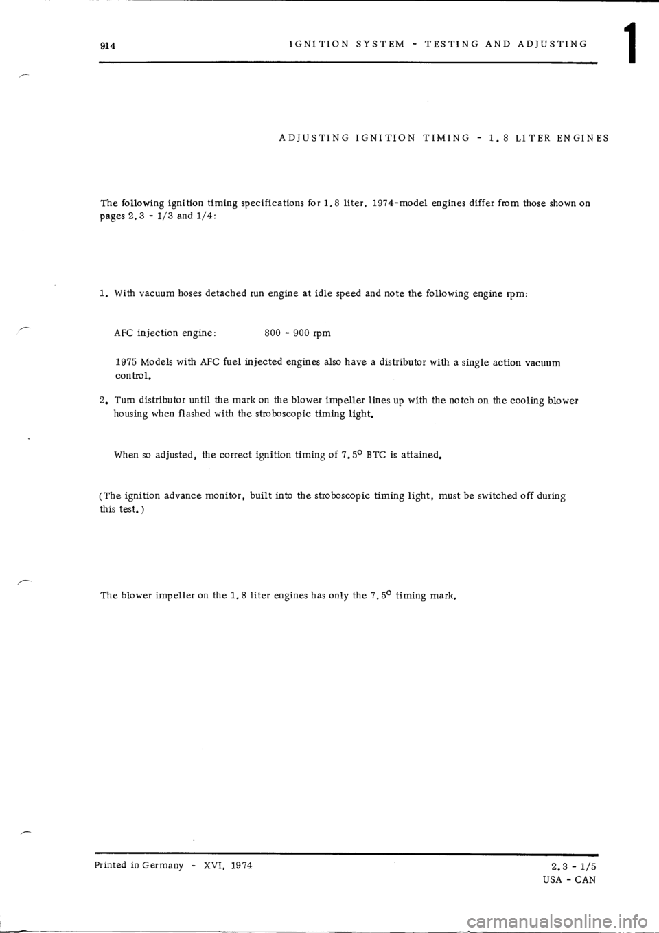 PORSCHE 914 1975 1.G Engine 1 Workshop Manual 