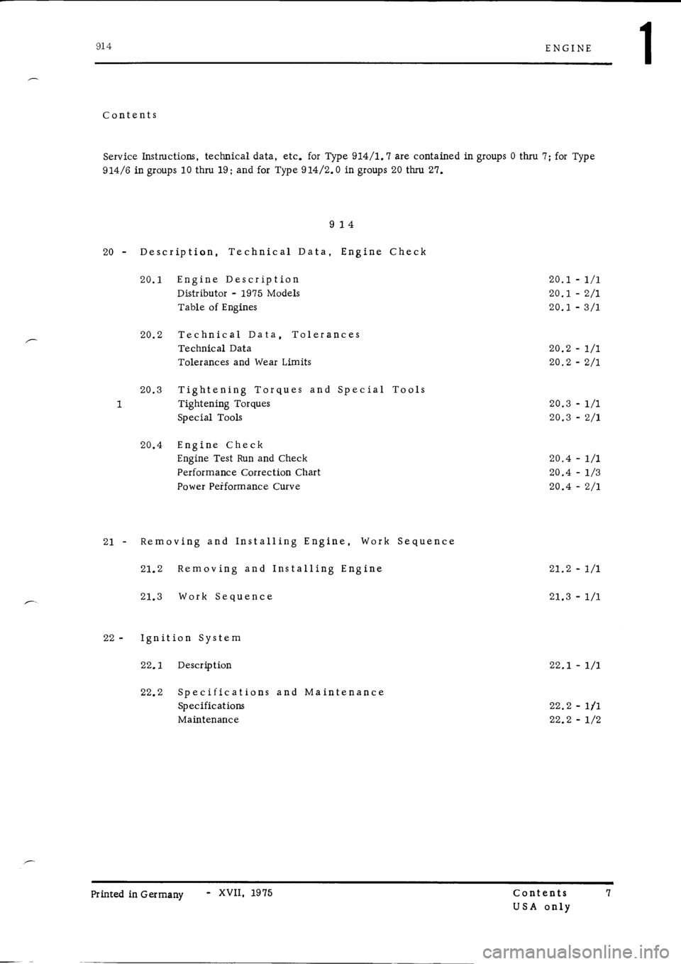 PORSCHE 914 1975 1.G Engine 1 Workshop Manual 