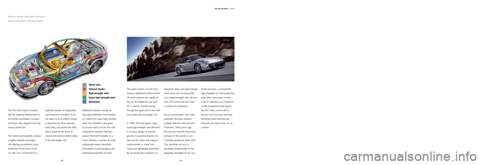 PORSCHE 911 TURBO 2004 4.G Information Manual The 911 Turbo easily complies
with all statutory requirements in
all markets worldwide in respect
of frontal, side, diagonal and rear
impact protection.
The reinforced bodyshell contains
a highly res PORSCHE 911 TURBO 2004 4.G Information Manual The 911 Turbo easily complies
with all statutory requirements in
all markets worldwide in respect
of frontal, side, diagonal and rear
impact protection.
The reinforced bodyshell contains
a highly res