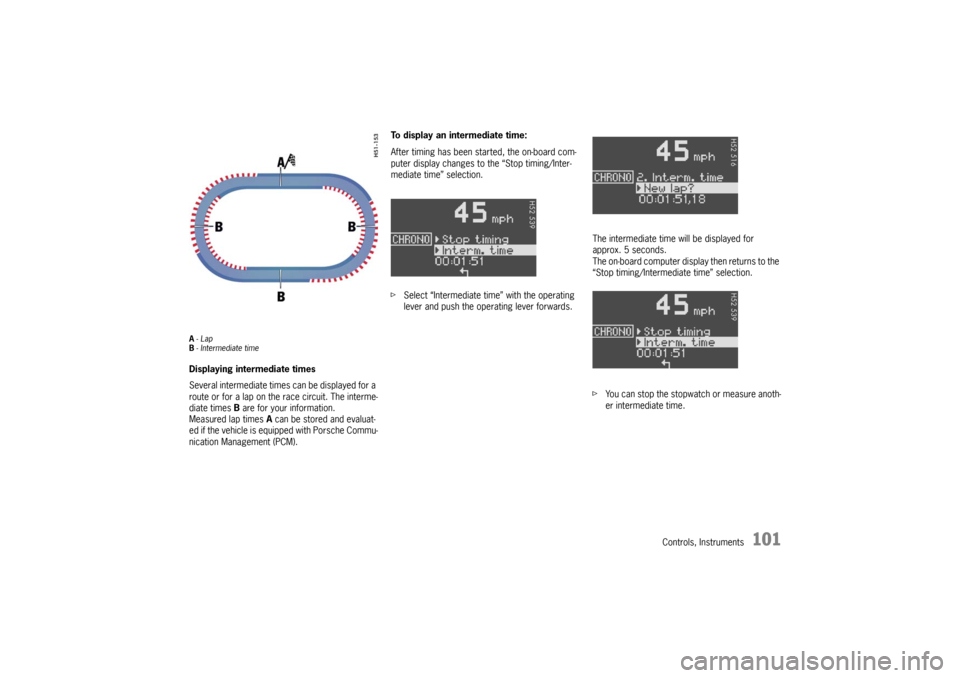 PORSCHE BOXSTER 2006 2.G Owners Manual Controls, Instruments
101
A-Lap
B- Intermediate timeDisplaying intermediate times
Several intermediate times can be displayed for a 
route or for a lap on the race circuit. The interme-
diate times B 