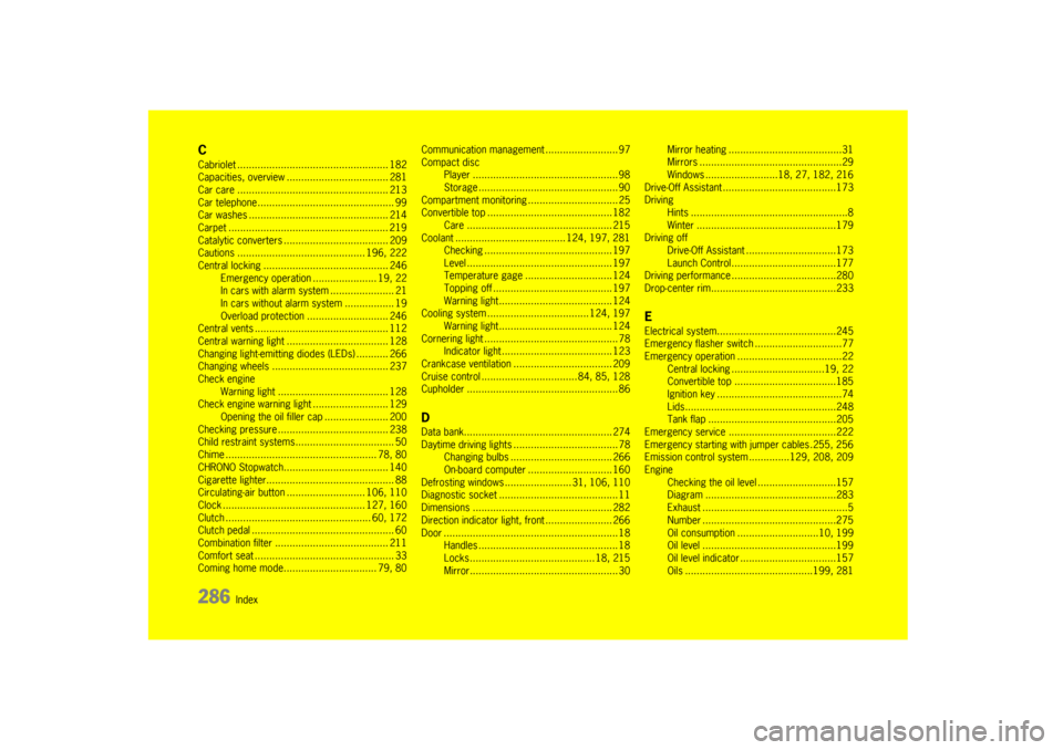 PORSCHE BOXSTER S 2010 2.G Owners Manual 286 
Index
CCabriolet .................................................... 182
Capacities, overview ... ................................ 281
Car care ........................ .........................