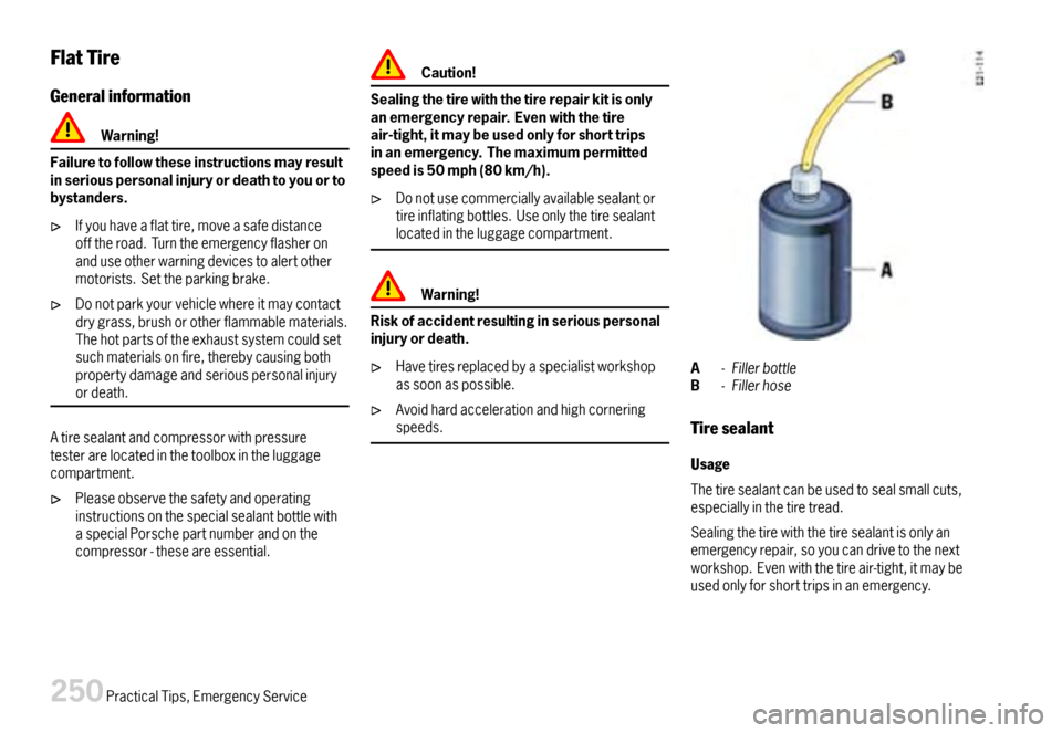 PORSCHE CAYMAN 2007 1.G Owners Manual FlatTire
Generalinformation
Warning!
Failuretofollowtheseinstructionsmayresultinseriouspersonalinjuryordeathtoyouortobystanders.
Ifyouhaveaflattire,moveasafedistanceofftheroad.Turntheemergencyflashero