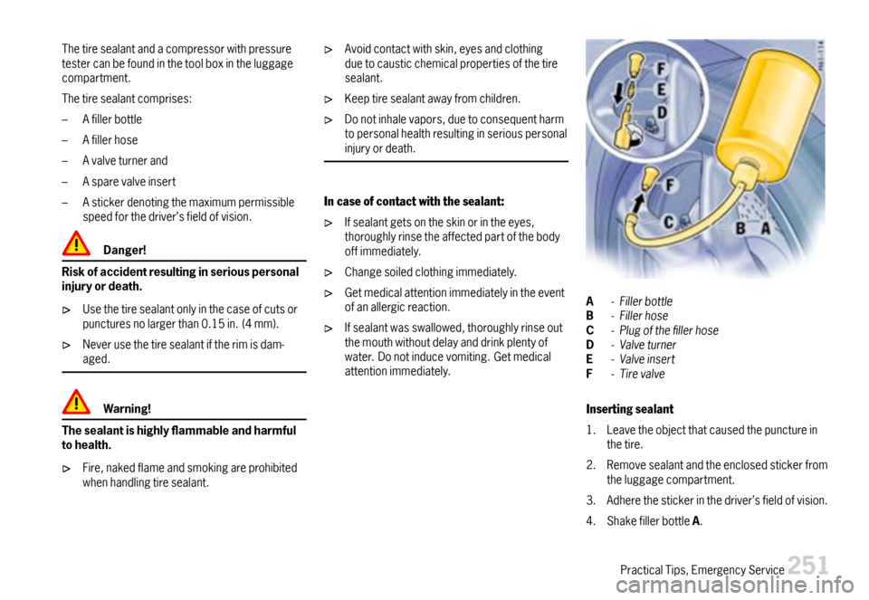 PORSCHE CAYMAN 2007 1.G Owners Manual Thetiresealantandacompressorwithpressuretestercanbefoundinthetoolboxintheluggagecompartment.
Thetiresealantcomprises:
–Afillerbottle
–Afillerhose
–Avalveturnerand
–Asparevalveinsert
–Asticke