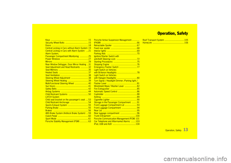 PORSCHE CAYMAN 2009 1.G Owners Manual Operation, Safety
13
Operation, Safety
Keys ................
......................... ................. 15
Security Wheel Bolts .................................... 15
Doors ....................... PORSCHE CAYMAN 2009 1.G Owners Manual Operation, Safety
13
Operation, Safety
Keys ................
......................... ................. 15
Security Wheel Bolts .................................... 15
Doors .......................