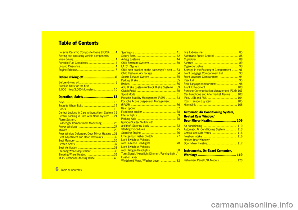 PORSCHE CAYMAN 2009 1.G Owners Manual 6
Table of ContentsTable of ContentsPorsche Ceramic Composite Brake (PCCB) ...... 4
Setting and operating vehicle components
when driving .................................................. 4
Portab PORSCHE CAYMAN 2009 1.G Owners Manual 6
Table of ContentsTable of ContentsPorsche Ceramic Composite Brake (PCCB) ...... 4
Setting and operating vehicle components
when driving .................................................. 4
Portab