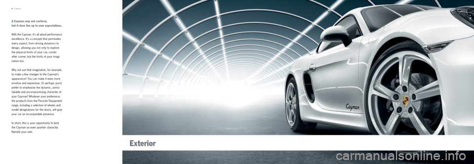 PORSCHE CAYMAN 2013 2.G Tequipment Manual 6 · Exterior
A  Cayman may not conform,
but it does live up to your expectations.
With the   Cayman, it ’s all about performance 
excellence. It ’s a concept that permeates 
every aspect, from dr