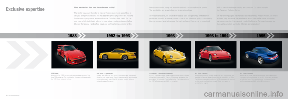 PORSCHE CAYMAN EXCLUSIVE 2014 2.G Information Manual 1995
911 Turbo S LightweightIn 1992 and 1993, the 911 Turbo S Lightweight was the highlight of the Porsche model range. Thanks to a purposefully weight-saving construction, each one of the 86 PORSCHE CAYMAN EXCLUSIVE 2014 2.G Information Manual 1995
911 Turbo S LightweightIn 1992 and 1993, the 911 Turbo S Lightweight was the highlight of the Porsche model range. Thanks to a purposefully weight-saving construction, each one of the 86