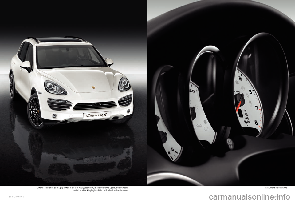 PORSCHE CAYNNE EXCLUSIVE 2009 1.G Information Manual Cayenne S  I 15
Instrument dials in white
14  I  Cayenne S
Extended exterior package painted in a black high -gloss finish, 21- inch Cayenne SportEdition wheels  
painted in a black high -gloss finish
