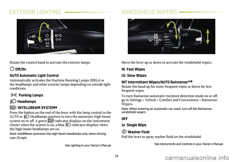 CADILLAC CT4 2021  Convenience & Personalization Guide 14
EXTERIOR LIGHTINGWINDSHIELD WIPERS
Rotate the control band to activate the exterior lamps.
 Off/On 
AUTO Automatic Light Control
Automatically activates the Daytime Running Lamps (DRLs) or the hea