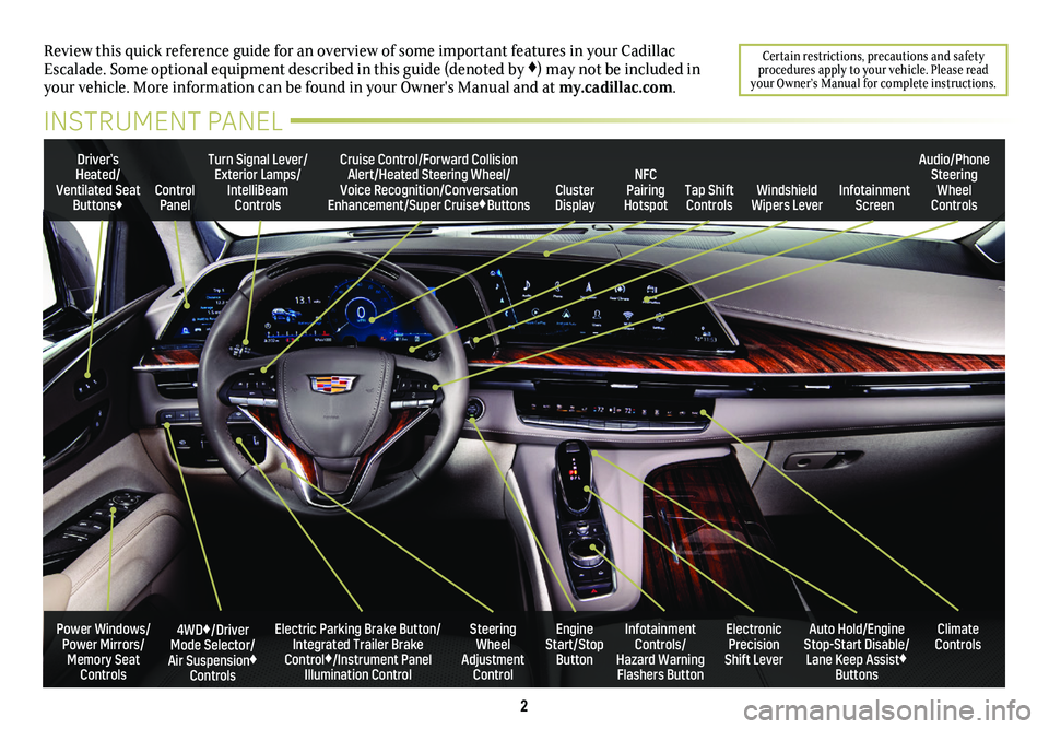 CADILLAC ESCALADE 2021  Convenience & Personalization Guide 2
Review this quick reference guide for an overview of some important feat\
ures in your Cadillac Escalade. Some optional equipment described in this guide (denoted by ♦) may not be included in your