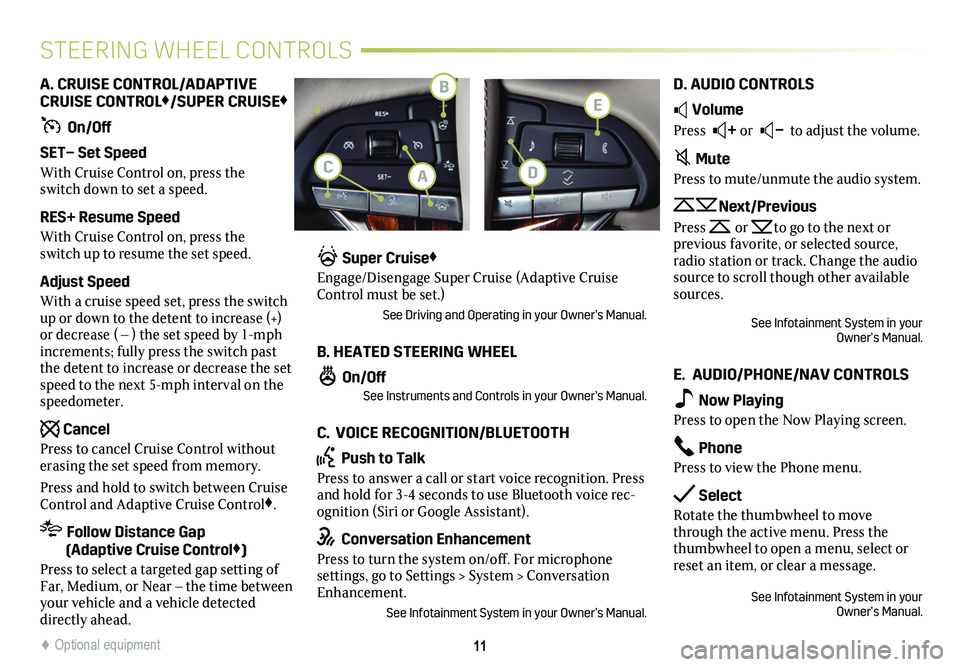 CADILLAC ESCALADE 2021 Convenience & Personalization Guide 11
STEERING WHEEL CONTROLS
A. CRUISE CONTROL/ADAPTIVE CRUISE CONTROL♦/SUPER CRUISE♦
On/Off
SET– Set Speed
With Cruise Control on, press the switch down to set a speed.
RES+ Resume Speed
Wit CADILLAC ESCALADE 2021 Convenience & Personalization Guide 11
STEERING WHEEL CONTROLS
A. CRUISE CONTROL/ADAPTIVE CRUISE CONTROL♦/SUPER CRUISE♦
On/Off
SET– Set Speed
With Cruise Control on, press the switch down to set a speed.
RES+ Resume Speed
Wit