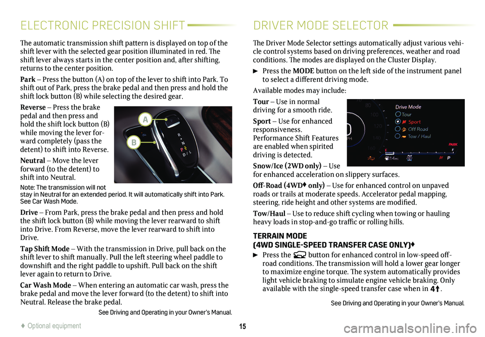CADILLAC ESCALADE 2021 Convenience & Personalization Guide 15
ELECTRONIC PRECISION SHIFTDRIVER MODE SELECTOR
The automatic transmission shift pattern is displayed on top of the shift lever with the selected gear position illuminated in red. The shi CADILLAC ESCALADE 2021 Convenience & Personalization Guide 15
ELECTRONIC PRECISION SHIFTDRIVER MODE SELECTOR
The automatic transmission shift pattern is displayed on top of the shift lever with the selected gear position illuminated in red. The shi