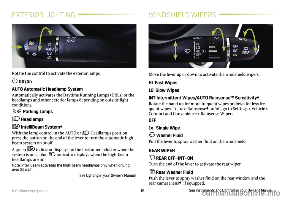 CADILLAC XT4 2021  Convenience & Personalization Guide 15
EXTERIOR LIGHTINGWINDSHIELD WIPERS
Rotate the control to activate the exterior lamps.
 Off/On 
AUTO Automatic Headlamp System
Automatically activates the Daytime Running Lamps (DRLs) or the headlam