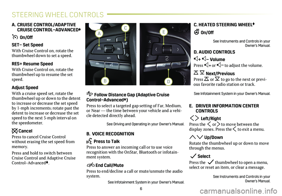 CADILLAC XT4 2021  Convenience & Personalization Guide 6
STEERING WHEEL CONTROLS
A. CRUISE CONTROL/ADAPTIVE  CRUISE CONTROL–ADVANCED♦
 On/Off
SET– Set Speed
With Cruise Control on, rotate the thumbwheel down to set a speed.
RES+ Resume Speed
With Cr