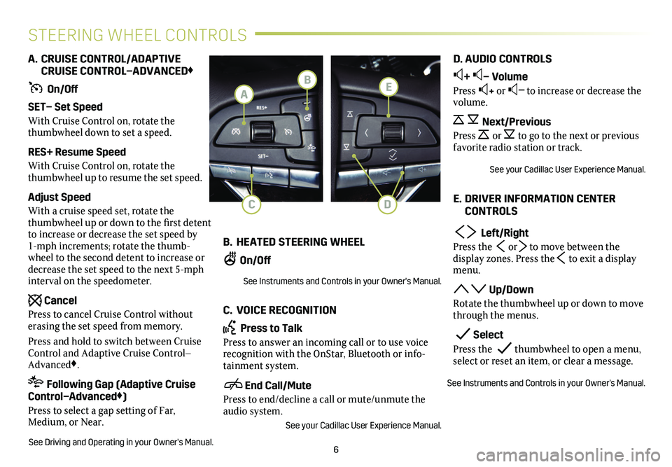 CADILLAC XT6 2020  Convenience & Personalization Guide 6
STEERING WHEEL CONTROLS
A. CRUISE CONTROL/ADAPTIVE  CRUISE CONTROL–ADVANCED♦
 On/Off
SET– Set Speed
With Cruise Control on, rotate the thumbwheel down to set a speed.
RES+ Resume Speed
With Cr