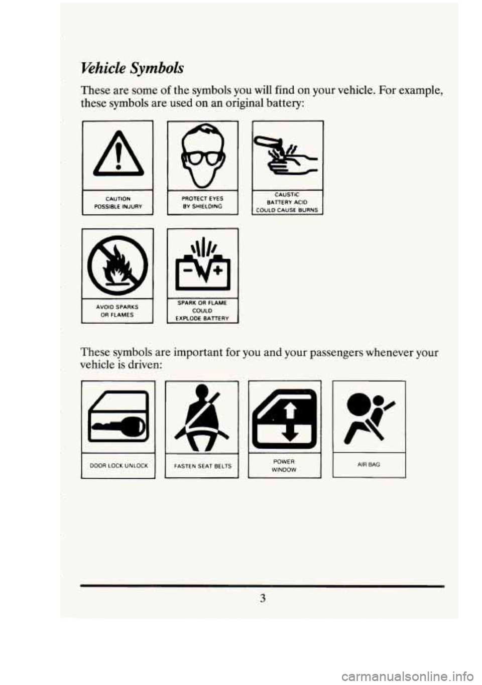CADILLAC FLEETWOOD 1994  Owners Manual Vehicle Symbols 
r 
These are some  of the  symbols  you  will  find  on your  vehicle.  For example, 
these  symbols  are used  on  an  original  battery: 
A 
POSSIBLE  INJURY  PROTECT  EYES 
BY  SHI