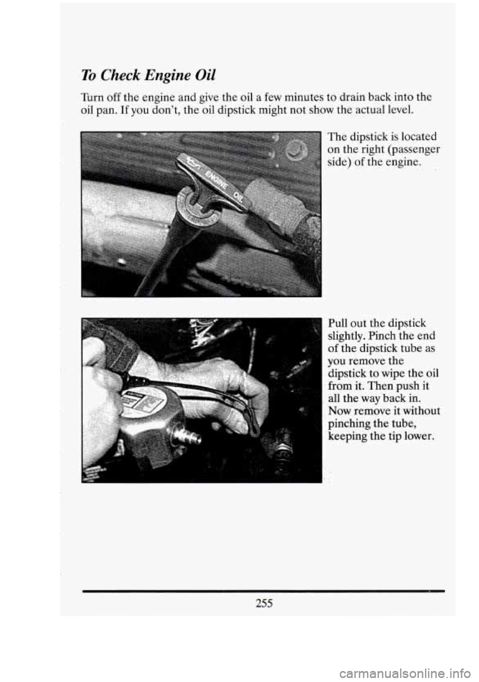 CADILLAC FLEETWOOD 1994  Owners Manual To Check Engine Oil 
Turn off the engine and  give the oil  a  few minutes  to drain  back into the 
oil  pan. If you dont,  the oil  dipstick  might  not show  the actual  level. 
I Pull out  the  d