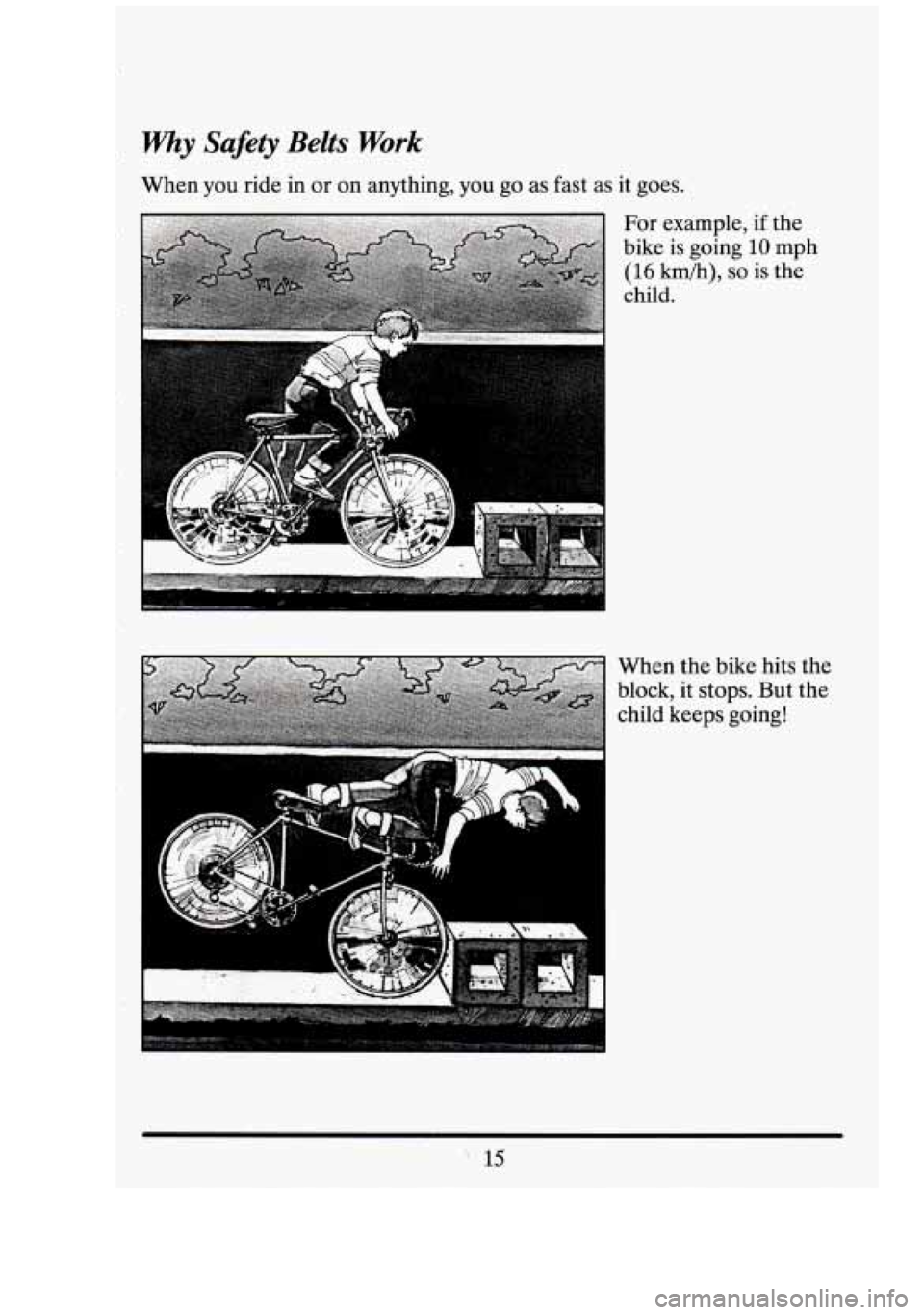 CADILLAC FLEETWOOD 1994  Owners Manual why Safety Belts Work 
When you ride in or on anything, you go as fast as it  goes. 
When  the bike  hits the 
block,  it stops.  But the 
child  keeps  going! 
- 
- 
-I  