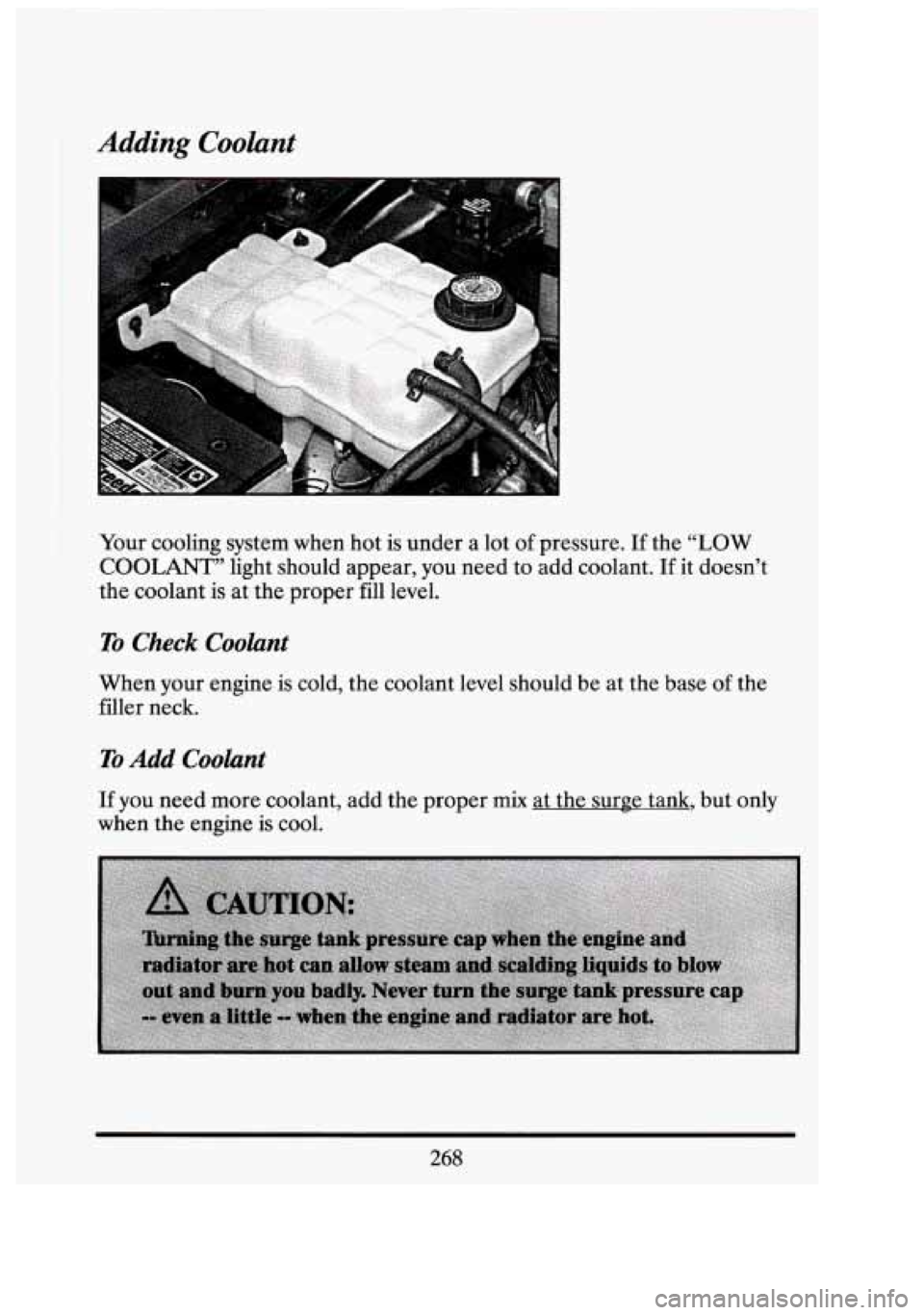 CADILLAC FLEETWOOD 1994  Owners Manual Adding Coolant 
Your  cooling  system  when hot is under a  lot of pressure.  If the “LOW 
COOLANT” light  should  appear, you need to add  coolant. If it  doesn’t 
the  coolant 
is at the  prop