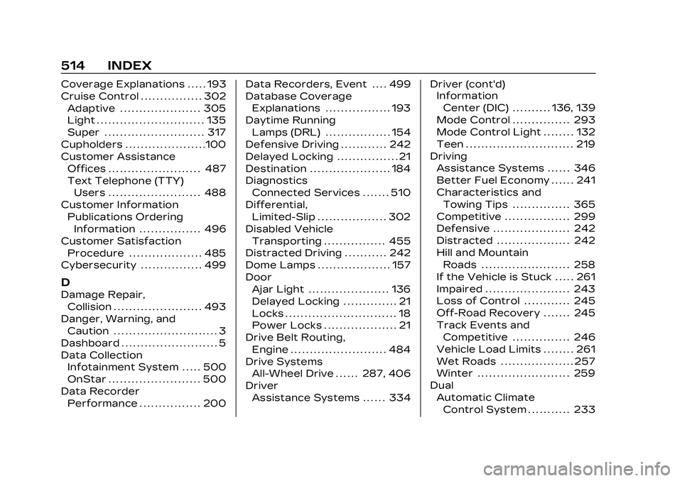 CADILLAC CT5 2023  Owners Manual Cadillac CT5 Owner Manual (GMNA-Localizing-U.S./Canada-16500419) -
2023 - CRC - 5/11/22
514 INDEX
Coverage Explanations . . . . . 193
Cruise Control . . . . . . . . . . . . . . . . 302Adaptive . . . .