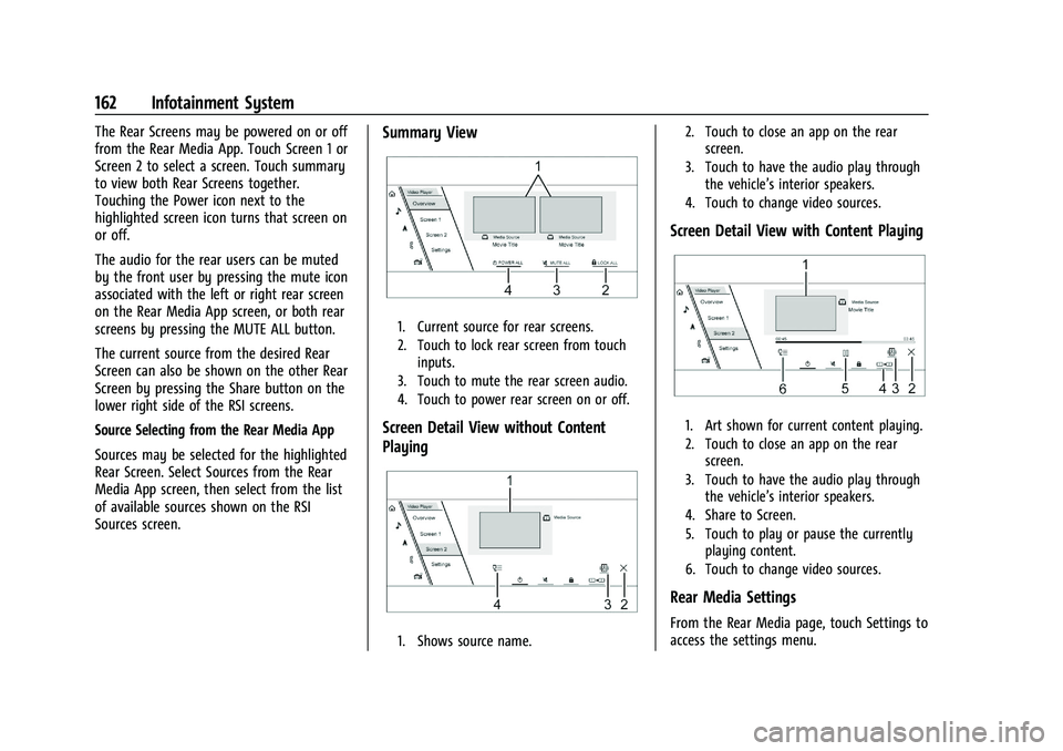 CADILLAC ESCALADE 2023  Owners Manual Cadillac Escalade Owner Manual (GMNA-Localizing-U.S./Canada/Mexico-
16417396) - 2023 - CRC - 5/9/22
162 Infotainment System
The Rear Screens may be powered on or off
from the Rear Media App. Touch Scr